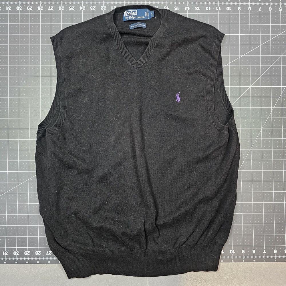 Polo Ralph Lauren Sweater Vest Large Black V Neck Vintage Pima Preppy Golf Work